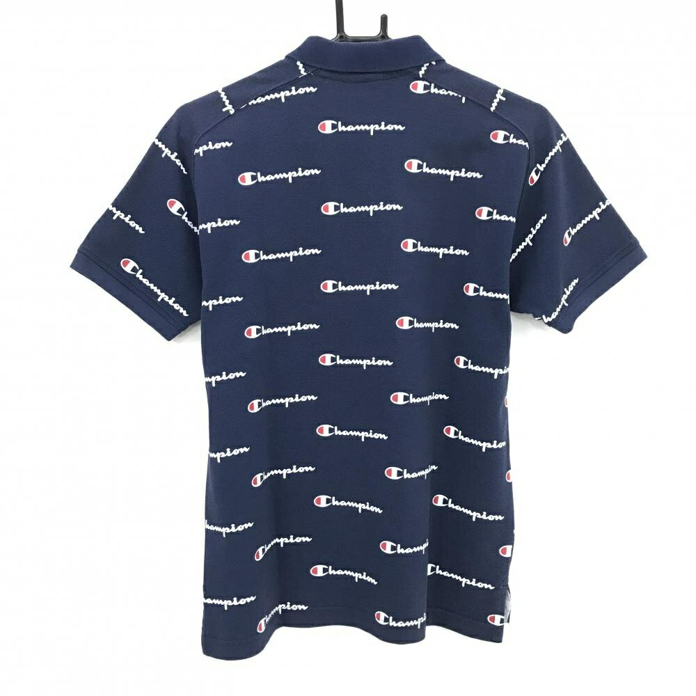[クーポン対象品]チャンピオン 半袖ポロシャツ ネイビー×白 ロゴ総柄 メンズ MEDIUM ゴルフウェア Champion