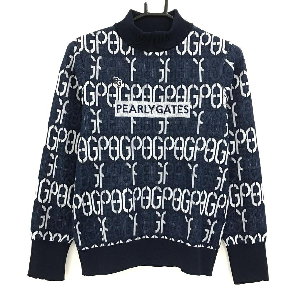 PEARLY GATES - 【美品】パーリーゲイツ ハイネックセーター ネイビー×白 ロゴ総柄 ニット レディース 0(S) ゴルフウェア 2024年モデル PEARLY GATES