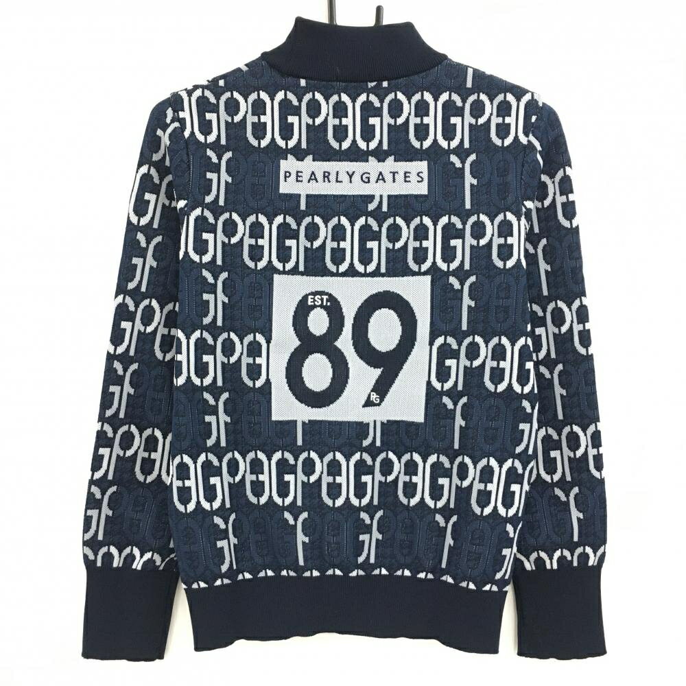 【美品】パーリーゲイツ ハイネックセーター ネイビー×白 ロゴ総柄 ニット レディース 0(S) ゴルフウェア 2024年モデル PEARLY GATES