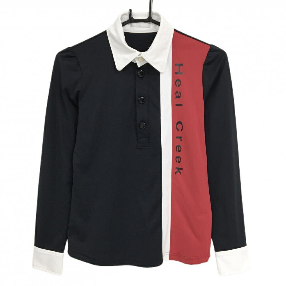 Heal Creek - [クーポン対象品]【美品】ヒールクリーク 長袖ポロシャツ 黒×レッド×白 ロゴプリント レディース 40(M) ゴルフウェア Heal Creek