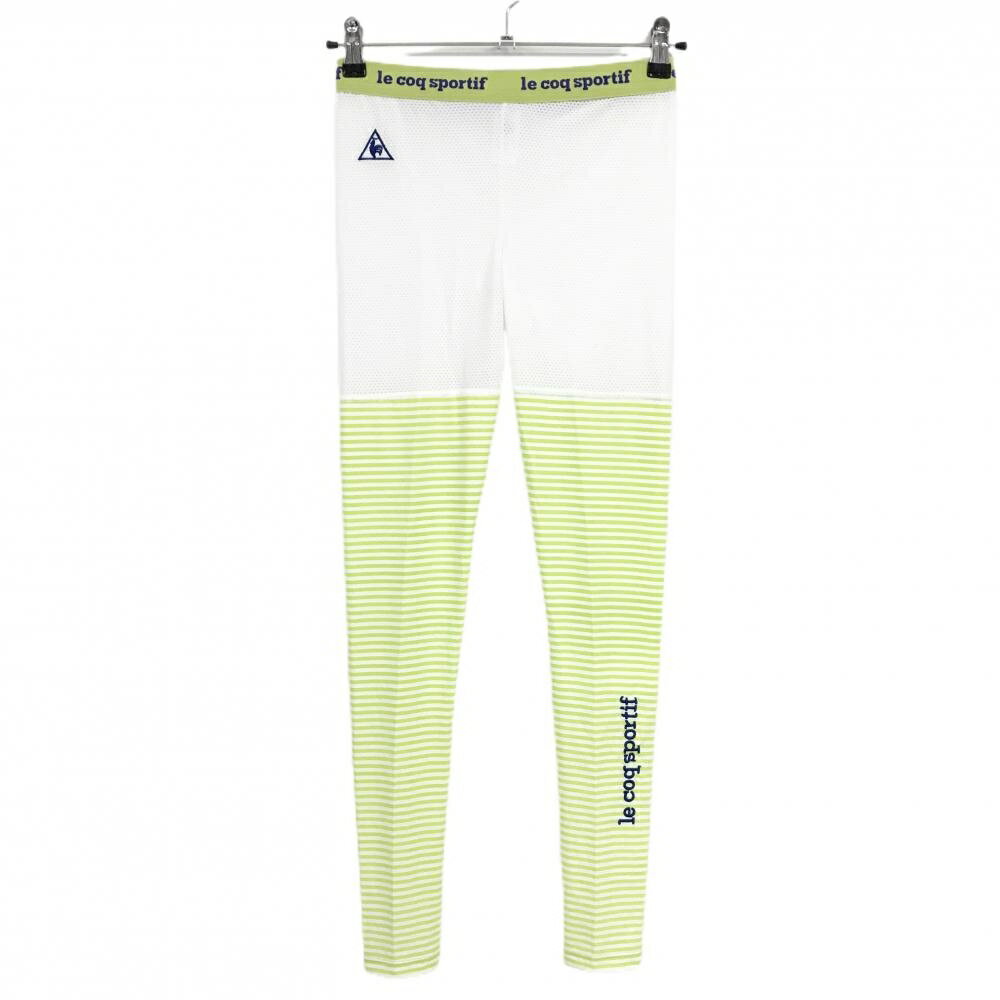 【超美品】ルコックゴルフ レギンス 白×ライトグリーン ボーター 一部メッシュ スパッツ レディース M ゴルフウェア le coq sportif