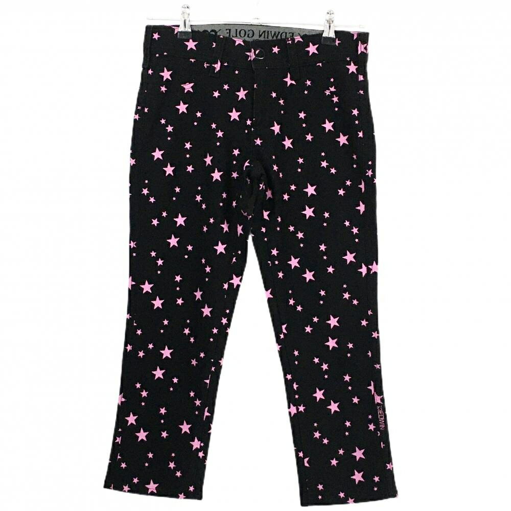 【美品】エドウィン 七分丈ストレッチパンツ 黒×ピンク 星総柄 ウエスト一部ゴム レディース M ゴルフウェア EDWIN GOLF