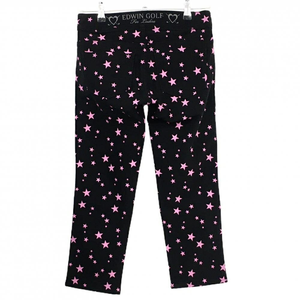 【美品】エドウィン 七分丈ストレッチパンツ 黒×ピンク 星総柄 ウエスト一部ゴム レディース M ゴルフウェア EDWIN GOLF