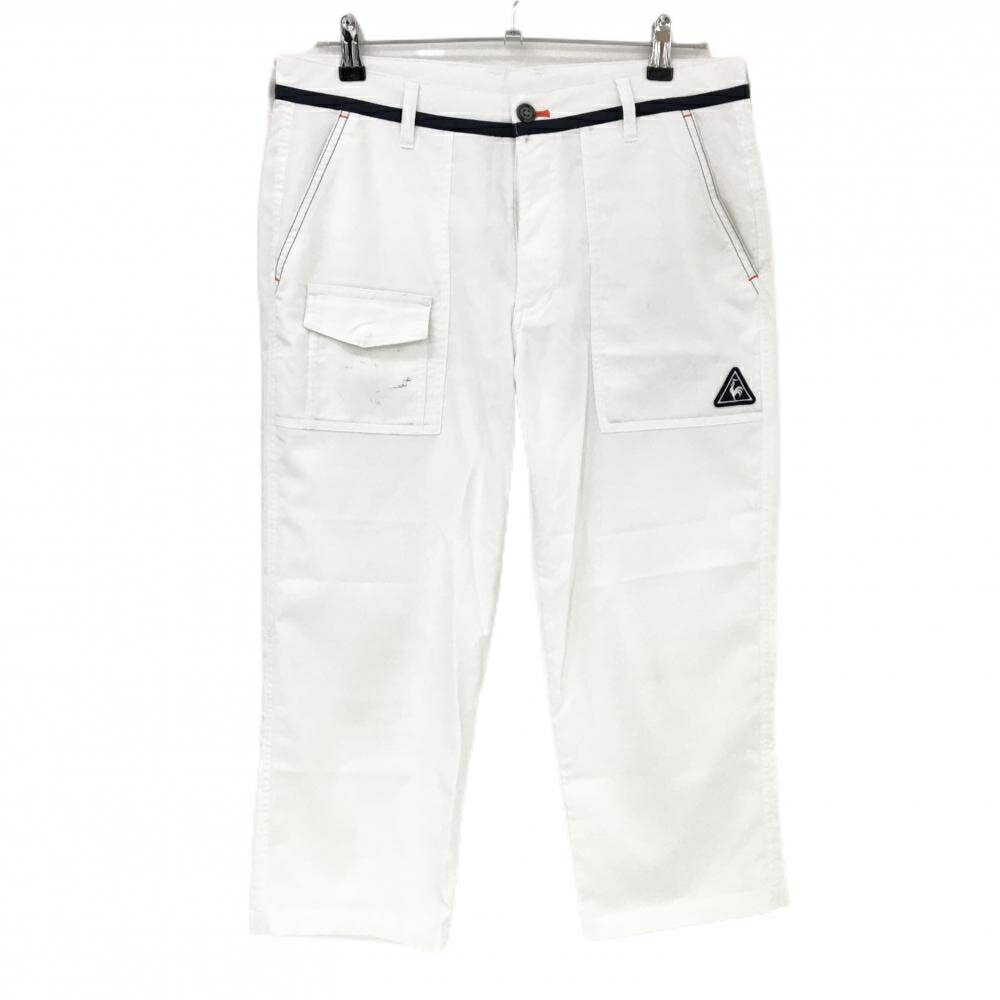 ルコックゴルフ 七分丈パンツ 白×ネイビー ストライプ調地模様 ロゴワッペン メンズ 82 ゴルフウェア le coq sportif