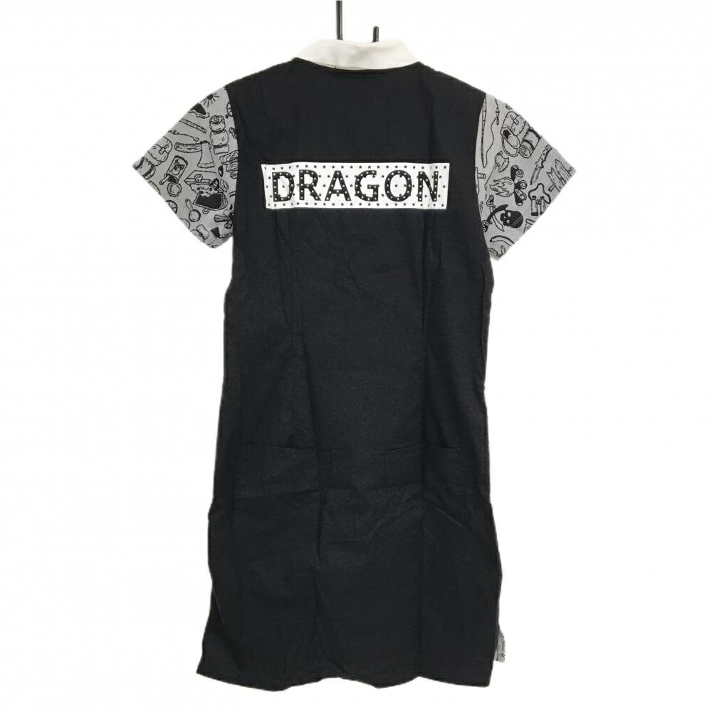 【美品】ダンスウィズドラゴン 半袖ポロワンピース 白×黒 前身ごろ・袖総柄 背面ロゴ レディース 2(M) ゴルフウェア Dance With Dragon