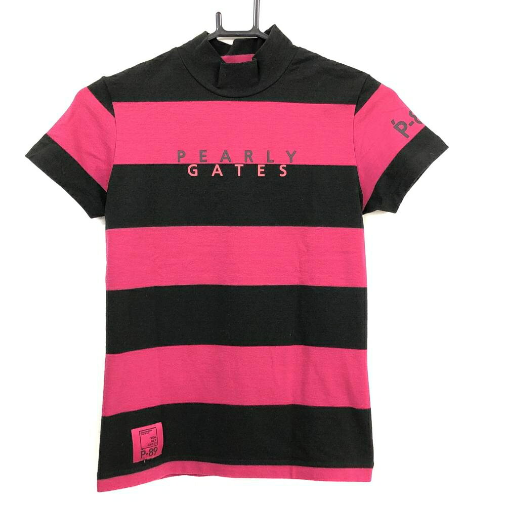 PEARLY GATES - [クーポン対象品]【超美品】パーリーゲイツ 半袖ハイネックシャツ 黒×ピンク ボーダー ストレッチ レディース 0(S) ゴルフウェア PEARLY GATES
