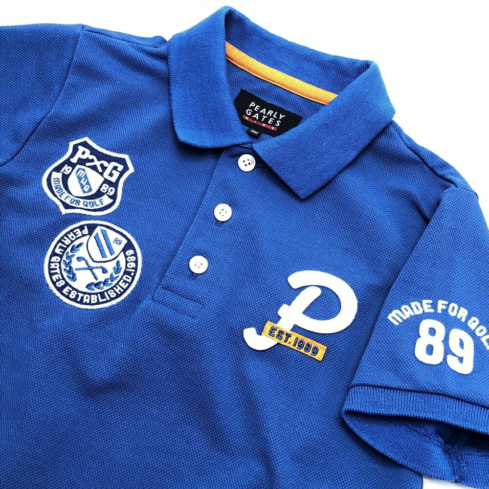 【超美品】パーリーゲイツ 半袖ポロシャツ ブルー×白 複数ワッペン ジュニア・キッズ 120 ゴルフウェア PEARLY GATES