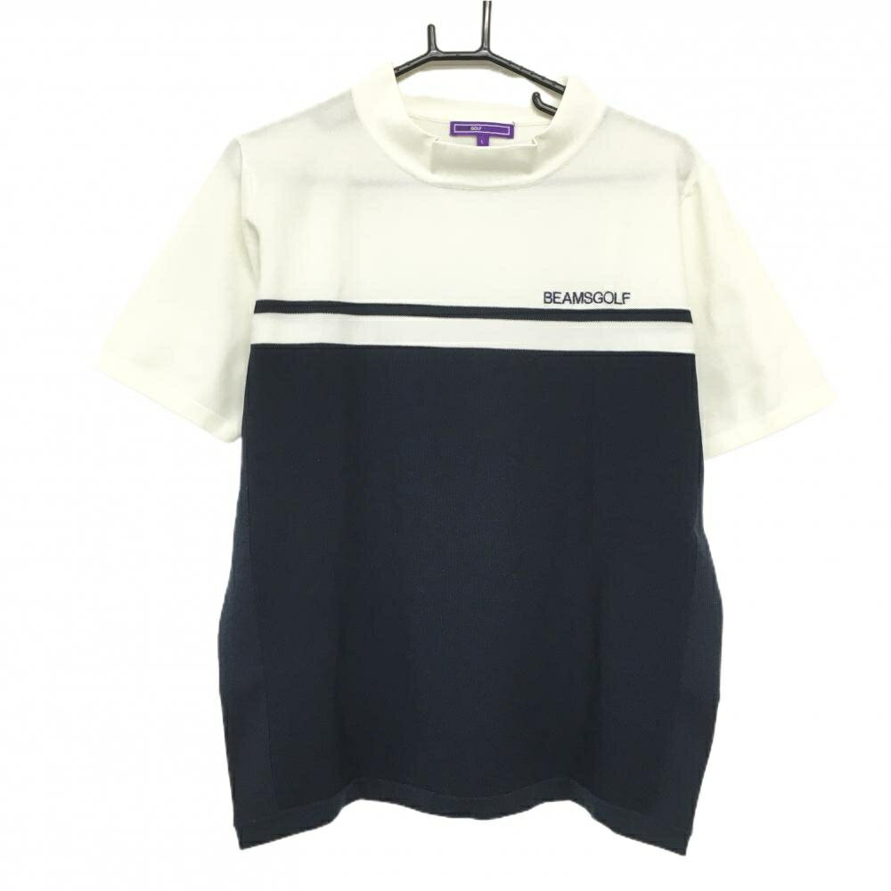 【美品】ビームスゴルフ 半袖ハイネックセーター 白×ネイビー ロゴ刺しゅう メンズ L ゴルフウェア 2024年モデル BEAMS GOLF