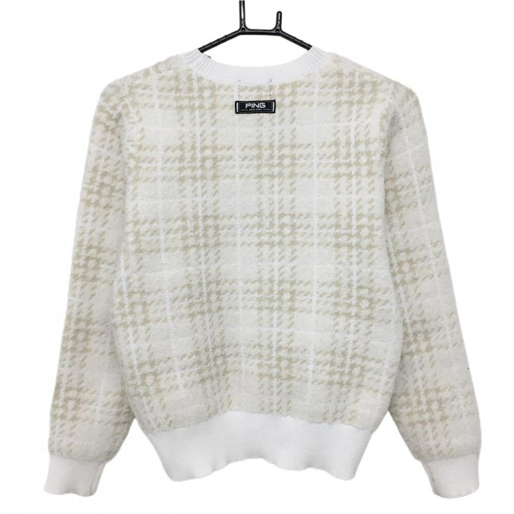 ピン セーター 白×ベージュ系 ブークレチェック 起毛 ウール混 ニット レディース S ゴルフウェア PING