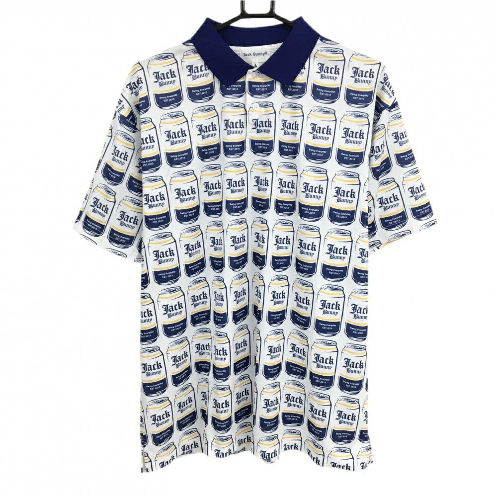 Shirts - [クーポン対象品]【超美品】ジャックバニー 半袖ポロシャツ 白×ネイビー×イエロー 総柄 缶 メンズ 6(XL) ゴルフウェア 2025年モデル Jack Bunny