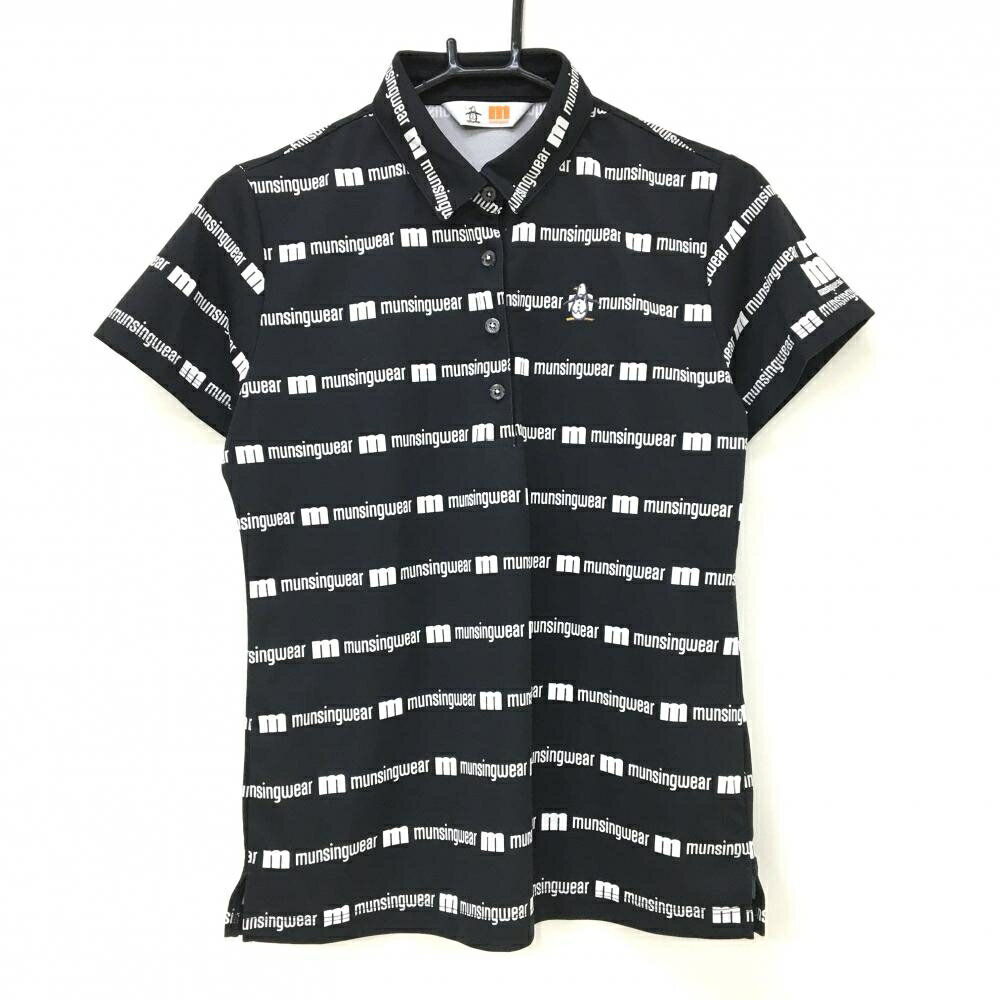 【超美品】マンシングウェア 半袖ポロシャツ 黒×白 ロゴボーダー ロゴ刺しゅう レディース L ゴルフウェア Munsingwear