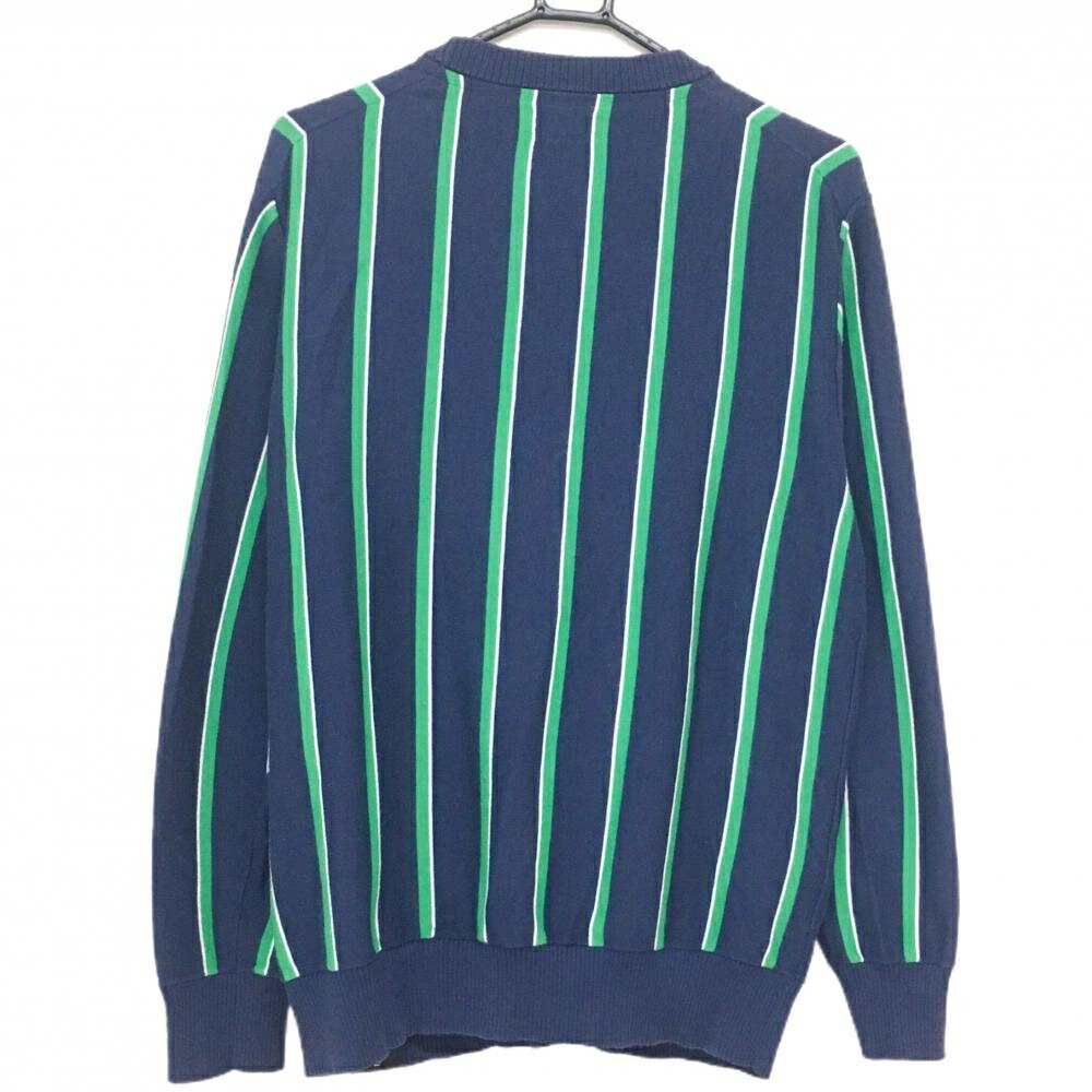 ニューバランス カーディガン ネイビー×グリーン ストライプ コットン混 メンズ 6(XL) ゴルフウェア New Balance