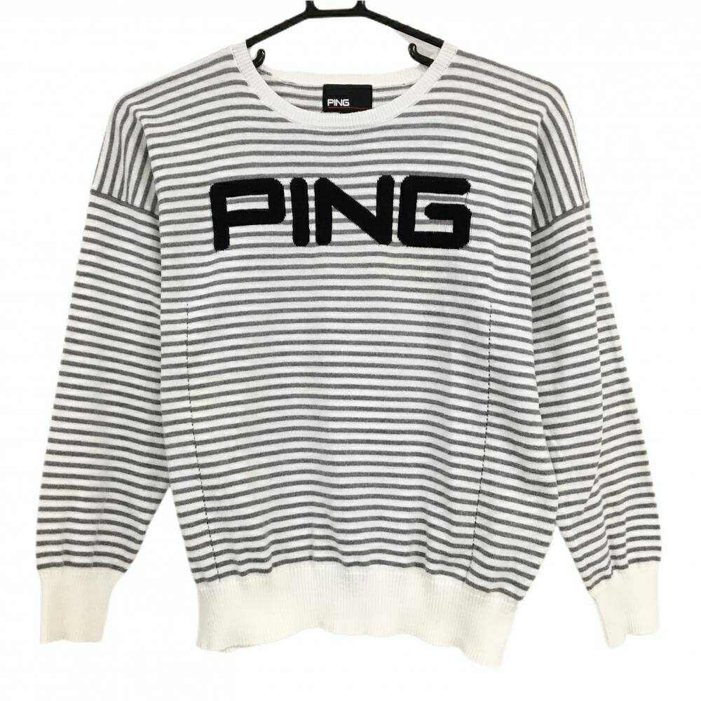 PING - ピン セーター 白×グレー ボーダー ニット 一部透かし編み コットン混 レディース S ゴルフウェア PING