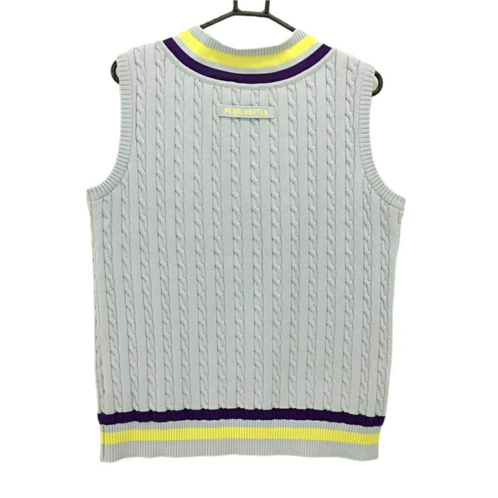パーリーゲイツ ニットベスト ライトグレー×イエロー×パープル ケーブル編み Vネック メンズ 5(L) ゴルフウェア PEARLY GATES