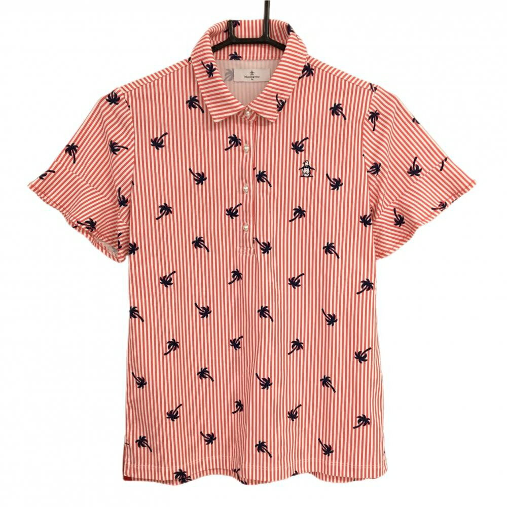 【美品】マンシングウェア 半袖ポロシャツ レッドピンク系×白 ストライプ ヤシの木総柄 レディース M ゴルフウェア Munsingwear
