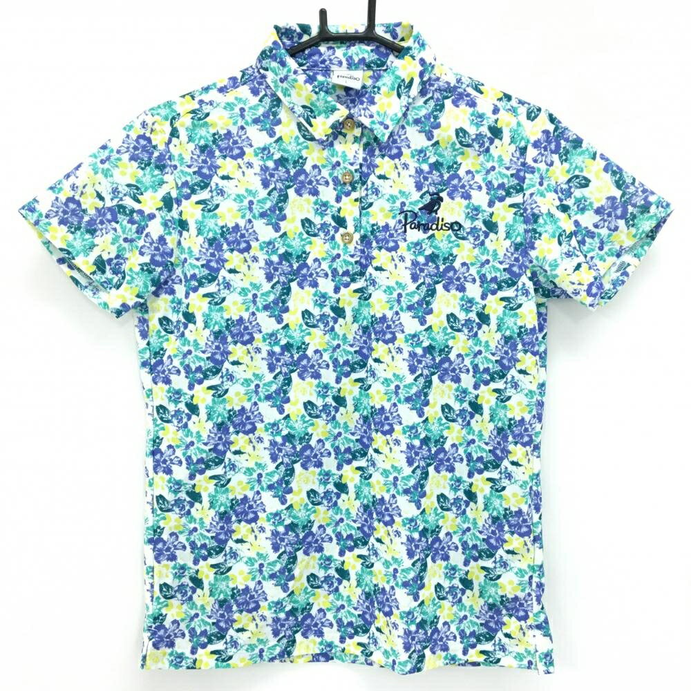 PARADISO - 【超美品】パラディーゾ 半袖ポロシャツ 白×グリーン×イエロー 花柄 レディース L ゴルフウェア Paradiso