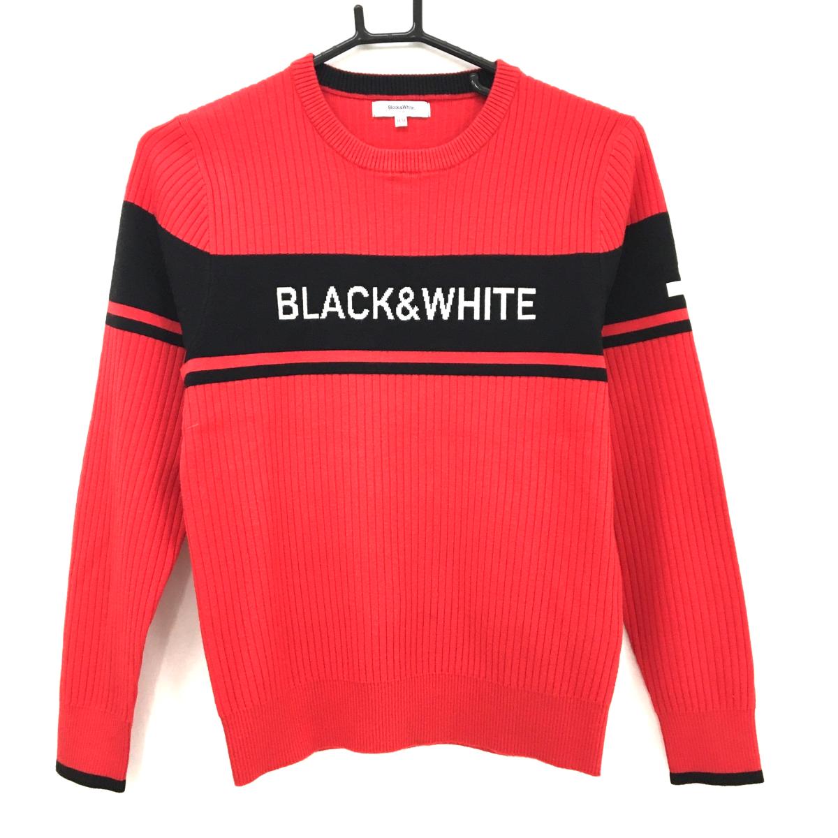 【美品】ブラックアンドホワイト セーター レッド×黒 リブ織 フロントロゴ ニット レディース WM(M) ゴルフウェア Black＆White