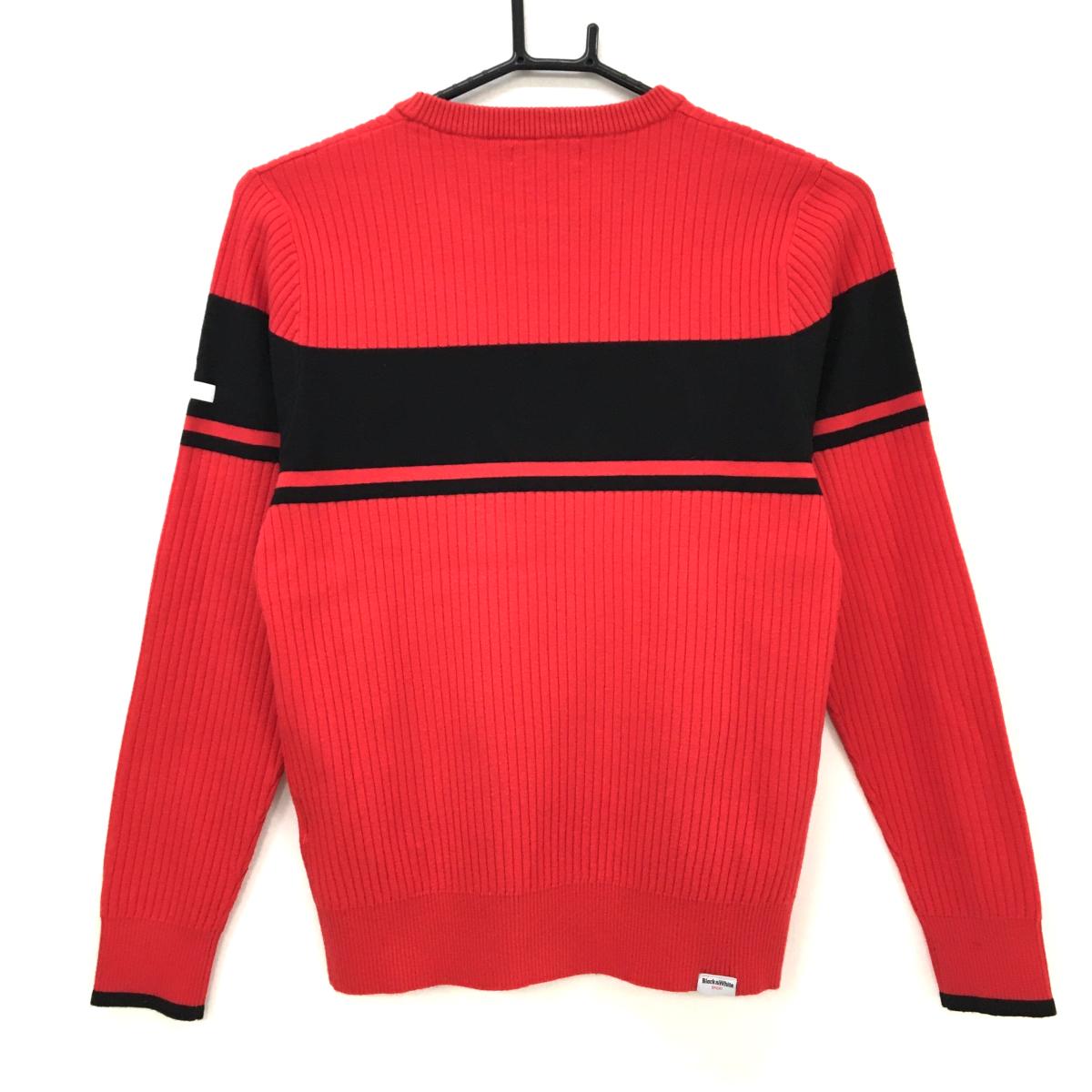 【美品】ブラックアンドホワイト セーター レッド×黒 リブ織 フロントロゴ ニット レディース WM(M) ゴルフウェア Black＆White