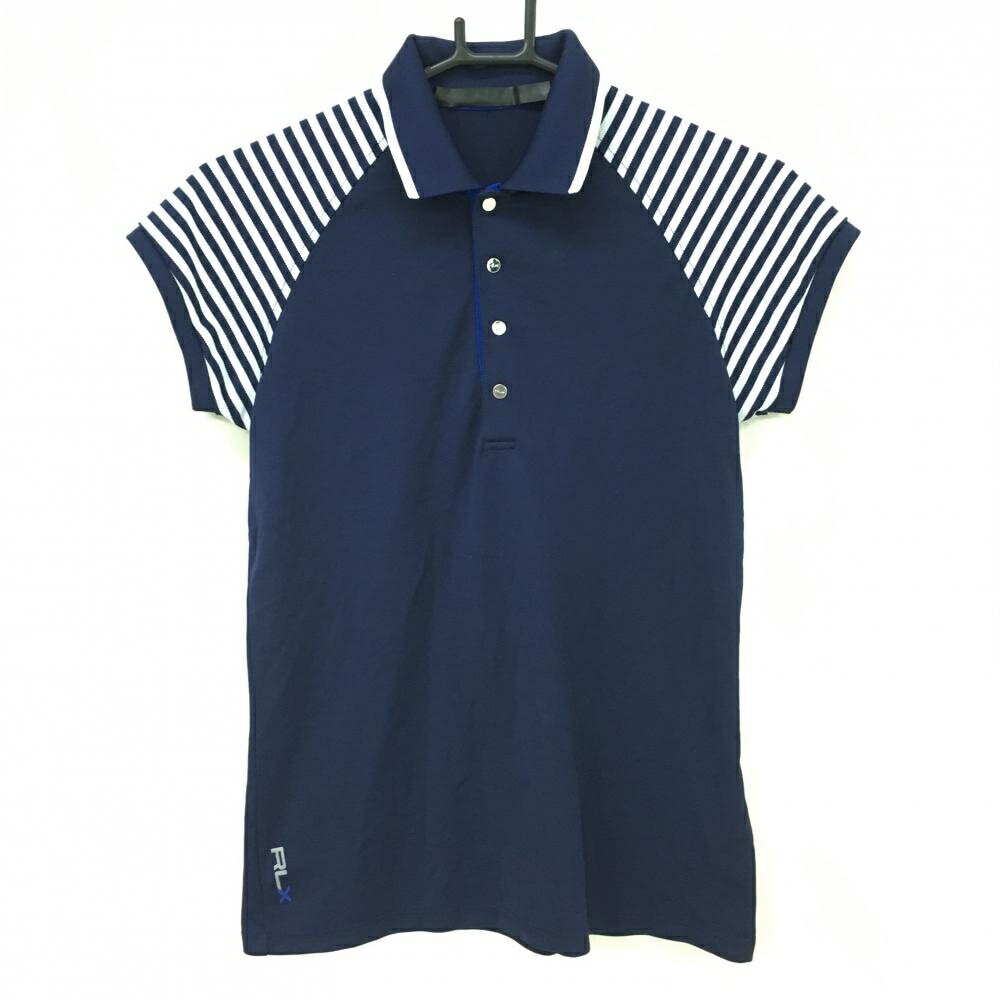 【美品】RLXラルフローレン 半袖ポロシャツ ネイビー×白 袖ボーダー スナップボタン レディース S ゴルフウェア Ralph Lauren