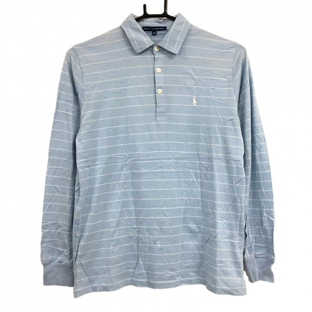 ラルフローレンゴルフ 長袖ポロシャツ ライトブルー×白 ボーダー 綿100％ レディース M ゴルフウェア Ralph Lauren