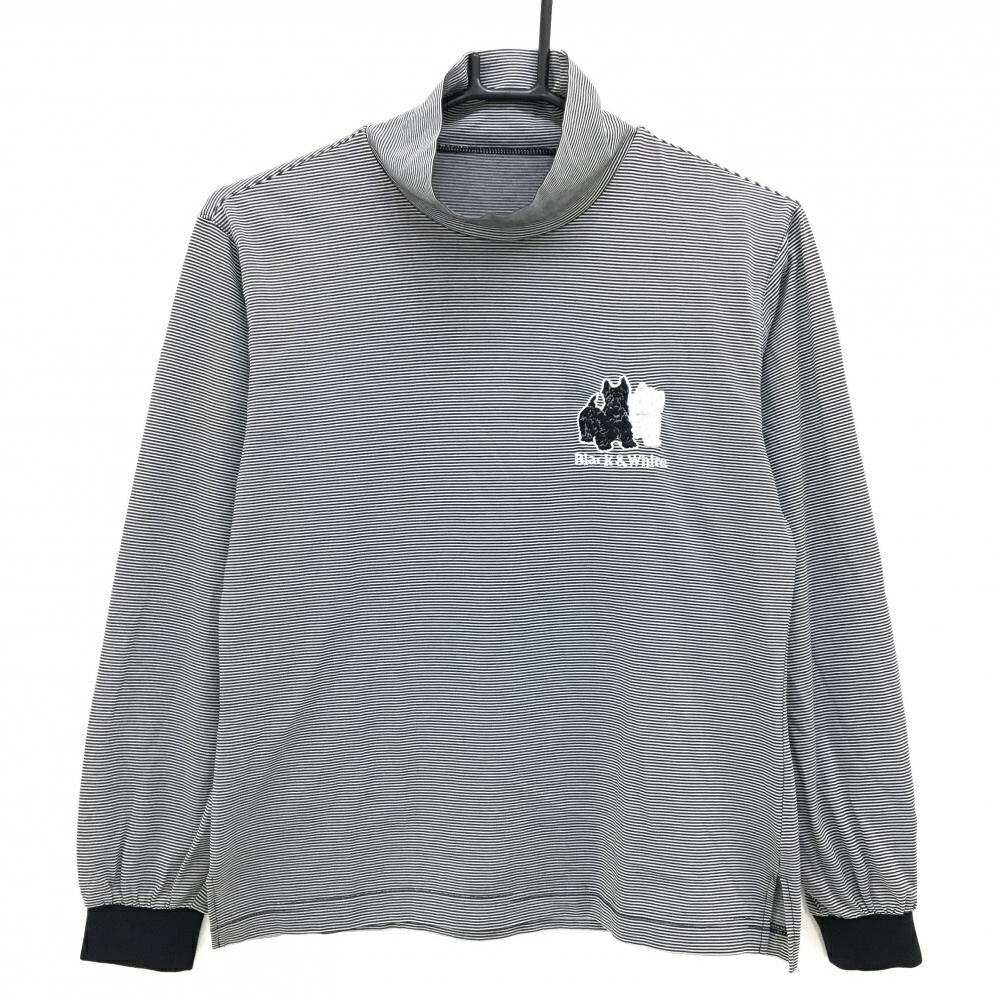 ブラックアンドホワイト 長袖ハイネックシャツ 白×黒 ボーダー 犬ワッペン レディース M ゴルフウェア Black＆White