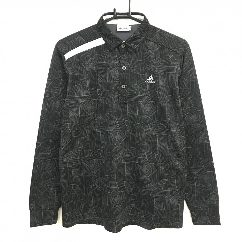 【超美品】アディダス 長袖ポロシャツ 黒×グレー 総柄 肩ロゴライン メンズ M/M ゴルフウェア adidas