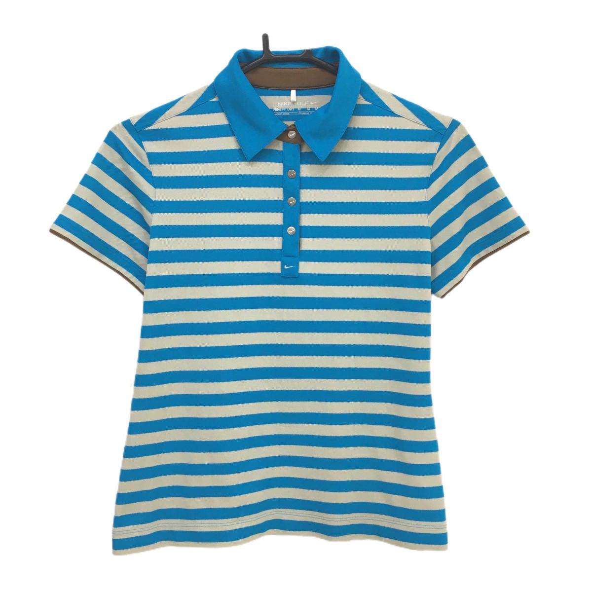 【超美品】ナイキゴルフ 半袖ポロシャツ ブルー×ベージュ ボーダー スナップボタン DRY-FIT レディース M ゴルフウェア NIKE