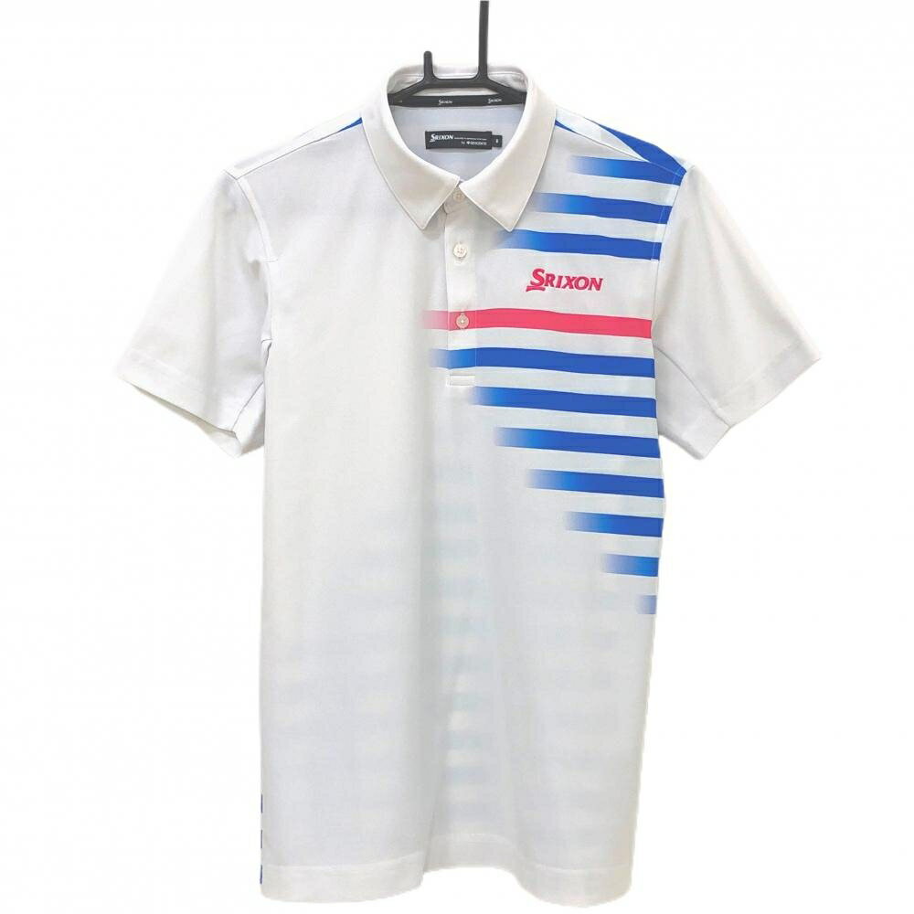 【超美品】スリクソンバイデサント 半袖ポロシャツ 白×ブルー 身頃一部ボーダー メンズ M ゴルフウェア SRIXON