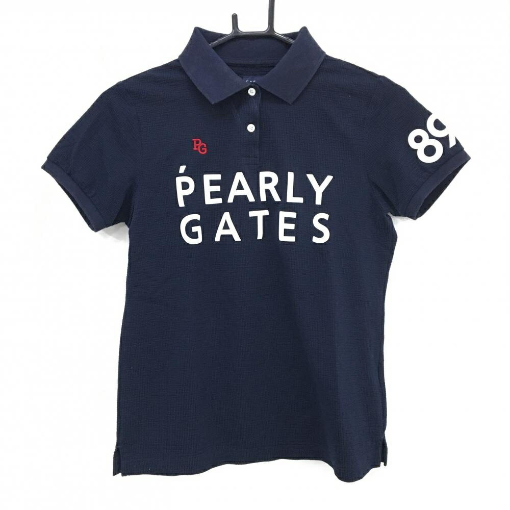 PEARLY GATES - [クーポン対象品]パーリーゲイツ 半袖ポロシャツ ネイビー×白 ロゴプリント サッカー生地調 レディース 0(S) ゴルフウェア PEARLY GATES