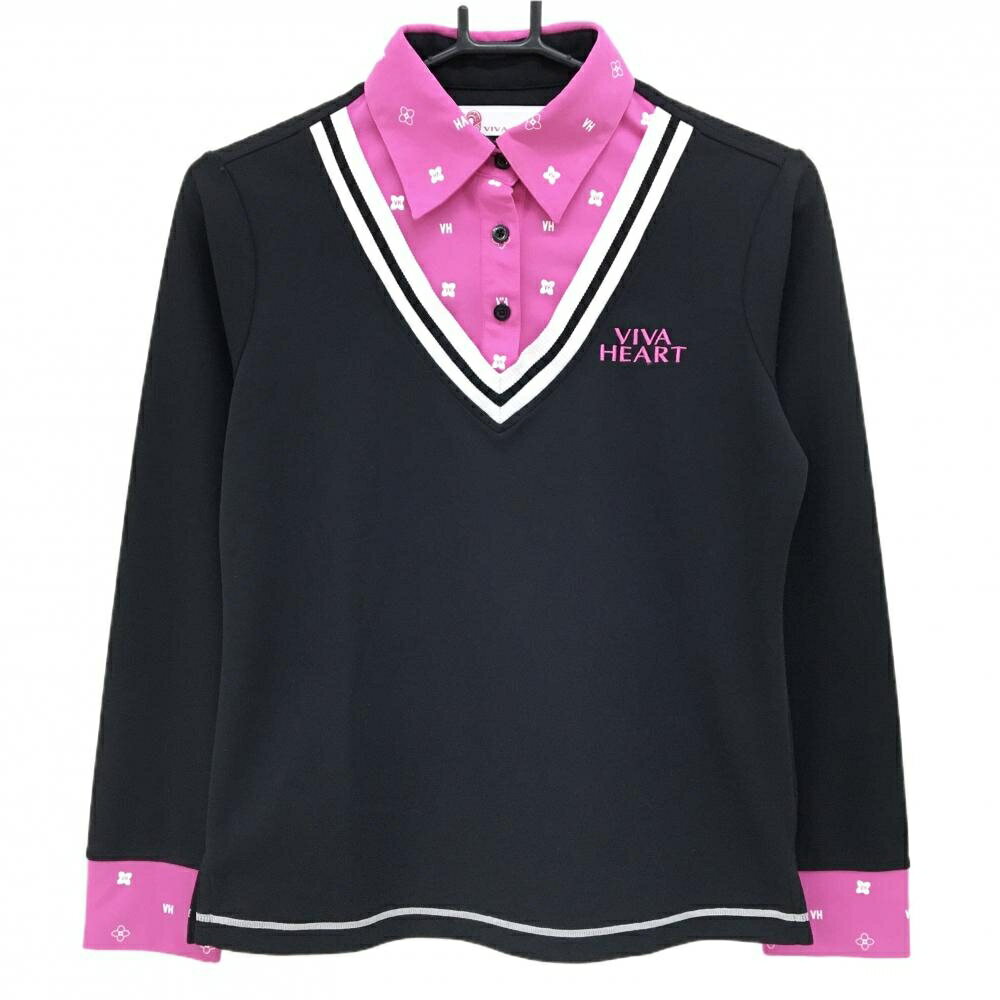 VIVA HEART - 【美品】ビバハート 長袖ポロシャツ 黒×ピンク 重ね着風 襟・袖口ロゴ総柄 レディース 40(M) ゴルフウェア VIVA HEART