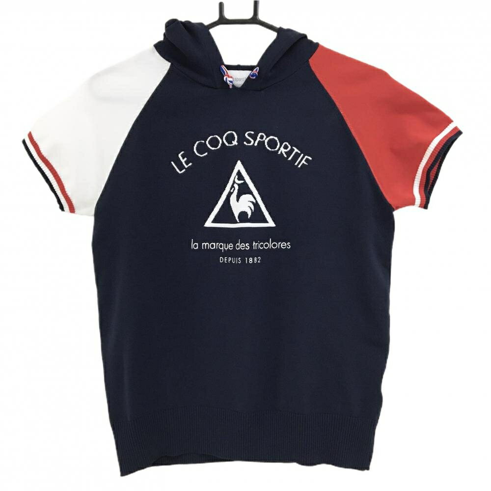 【超美品】ルコックゴルフ フード付き半袖セーター ネイビー×レッド レディース L ゴルフウェア le coq sportif