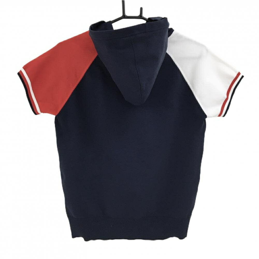 【超美品】ルコックゴルフ フード付き半袖セーター ネイビー×レッド レディース L ゴルフウェア le coq sportif