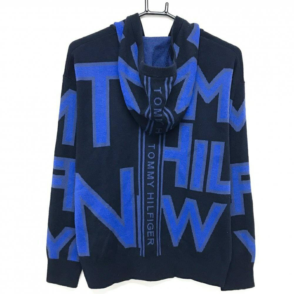 トミーヒルフィガー フード付セーター ネイビー×ブルー ロゴ総柄 ハーフジップ レディース L ゴルフウェア Tommy Hilfiger Golf