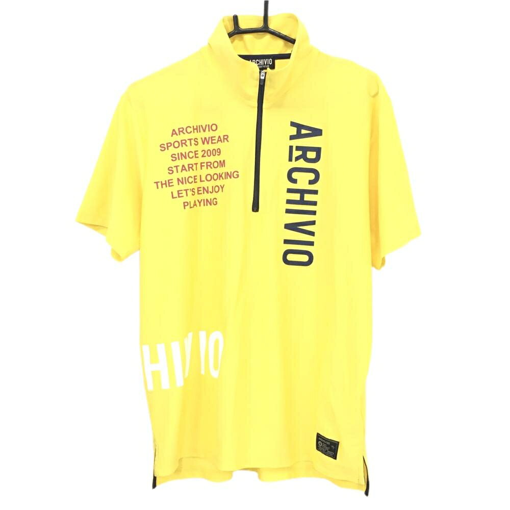 【当店ポイント10倍！9/11 01:59まで】【美品】アルチビオ 半袖ハイネックシャツ イエロー×黒 ハーフジップ ストレッチ メンズ 48 ゴルフウェア archivio
