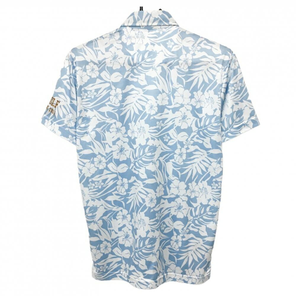 【美品】フィラ 半袖ポロシャツ ライトブルー×白 ハイビスカス総柄 ボタンダウン メンズ M ゴルフウェア FILA GOLF