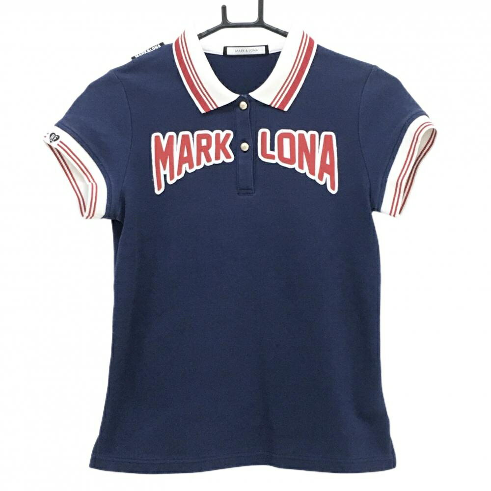 MARK & LONA - [クーポン対象品]【美品】マークアンドロナ 半袖ポロシャツ ネイビー×レッド 襟・袖口ライン ロゴワッペン レディース 38(M) ゴルフウェア MARK＆LONA