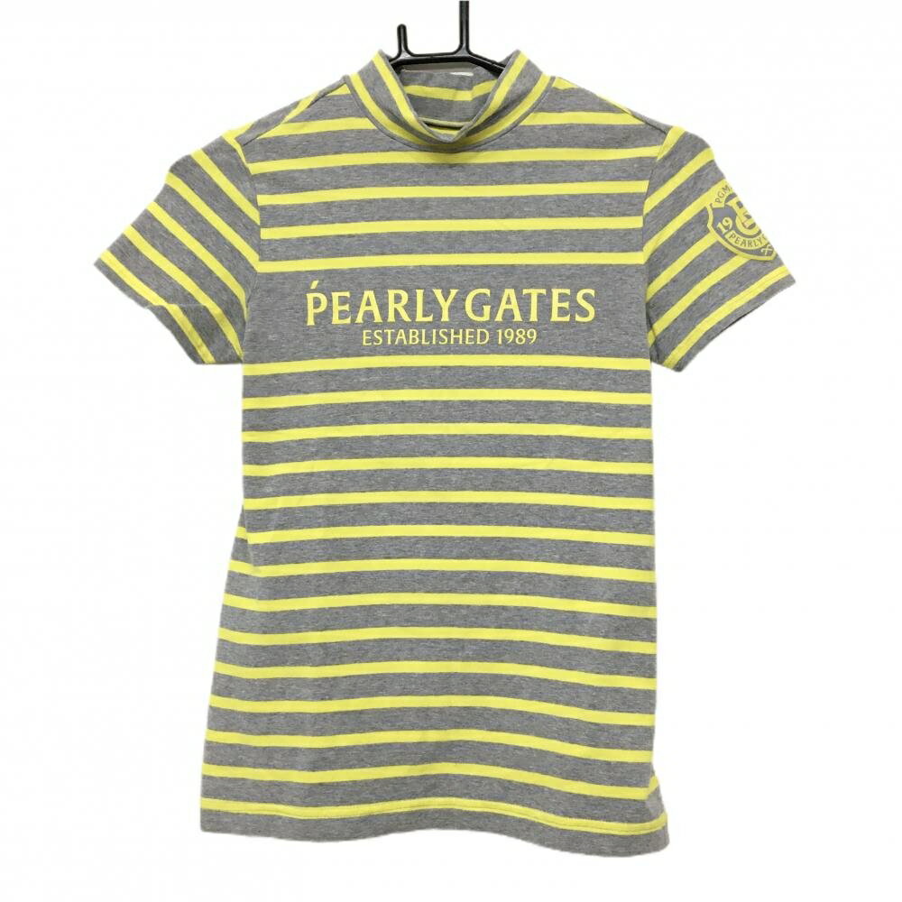 PEARLY GATES - [クーポン対象品]【美品】パーリーゲイツ 半袖ハイネックシャツ グレー×イエロー ボーダー ロゴプリント レディース 0(S) ゴルフウェア PEARLY GATES