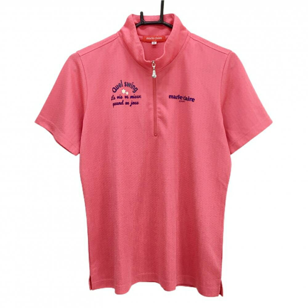 [クーポン対象品]【超美品】マリクレールスポール 半袖ハイネックシャツ ピンク×ネイビー ブロック地模様 レディース LL ゴルフウェア marie claire