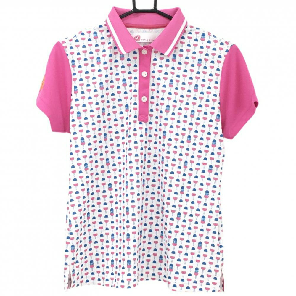 VIVA HEART - [クーポン対象品]【超美品】ビバハート 半袖ポロシャツ 白×ピンク アイスキャンディー総柄 袖ロゴ レディース 42(L) ゴルフウェア VIVA HEART