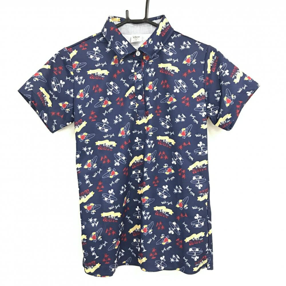 【超美品】ディズニー 半袖ポロシャツ ネイビー×レッド×イエロー 総柄 ミッキー ドナルド レディース M ゴルフウェア Disney