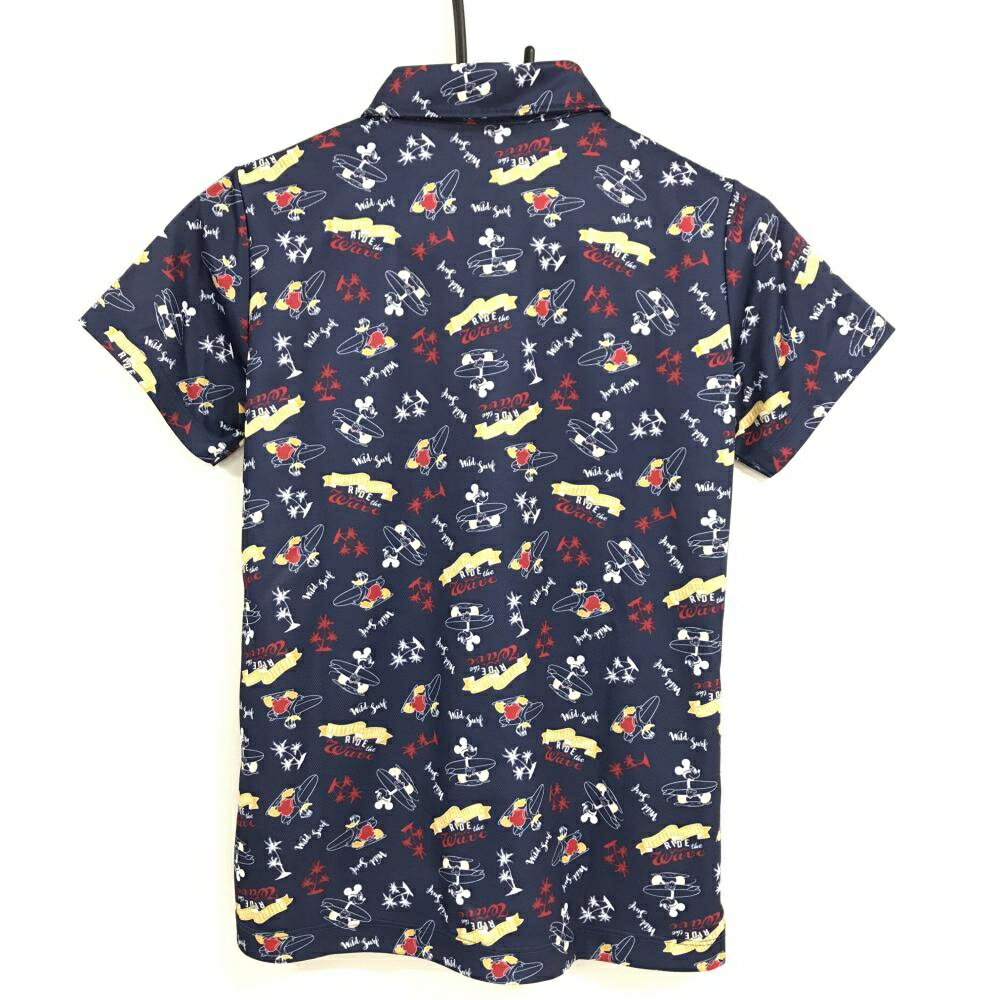 【超美品】ディズニー 半袖ポロシャツ ネイビー×レッド×イエロー 総柄 ミッキー ドナルド レディース M ゴルフウェア Disney