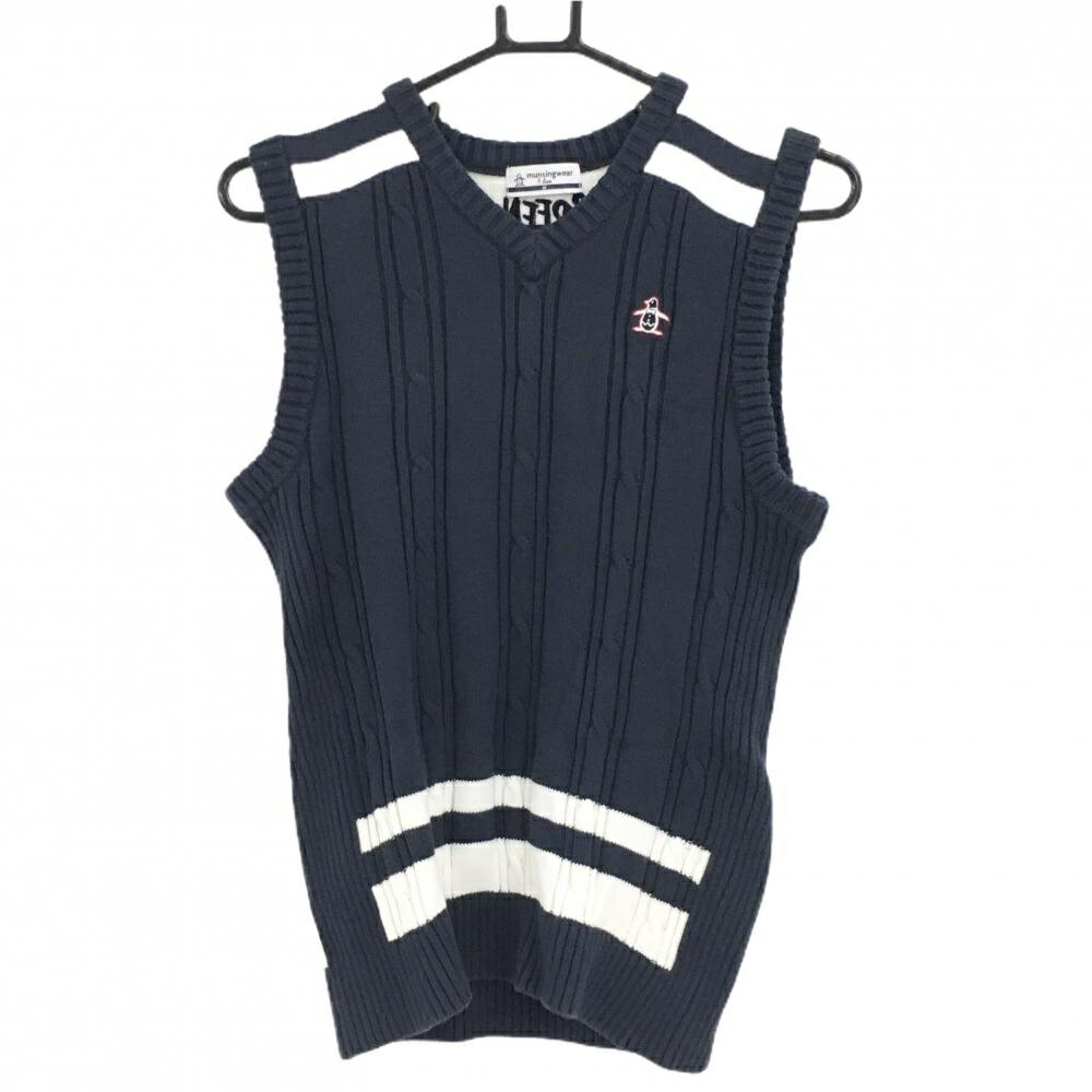 マンシングウェア ニットベスト ネイビー×白 ケーブル編み コットン混 メンズ M ゴルフウェア Munsingwear