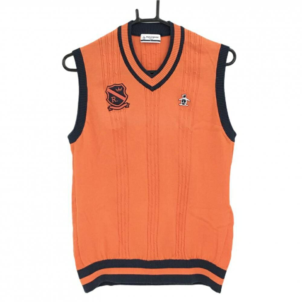 【美品】マンシングウェア ニットベスト オレンジ×ネイビー ケーブル編み コットン混 メンズ L ゴルフウェア Munsingwear