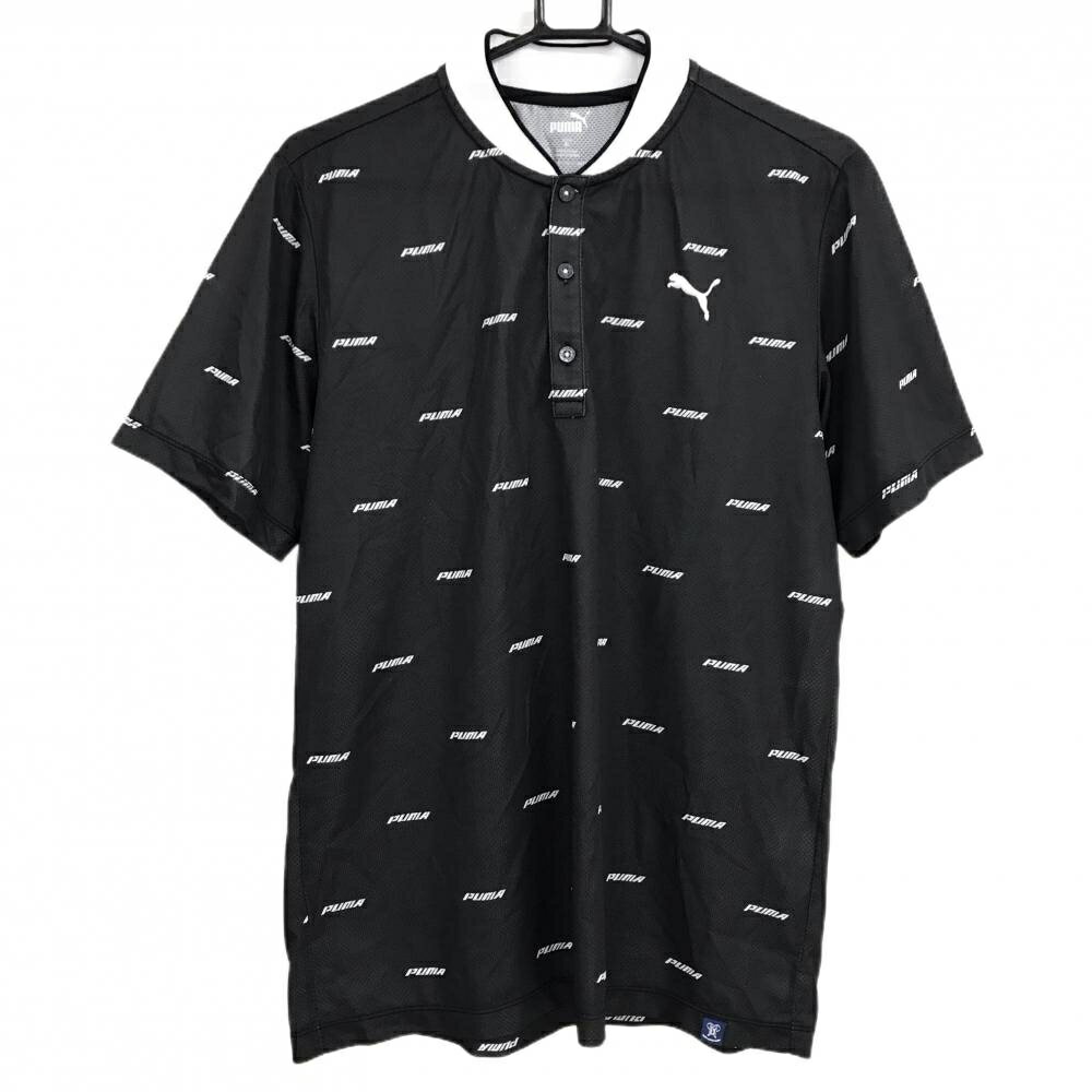 Shirts - [クーポン対象品]プーマ 半袖ポロシャツ ダークグレー×白 ロゴ英字総柄 スタンドカラー 織生地 メンズ XL ゴルフウェア PUMA