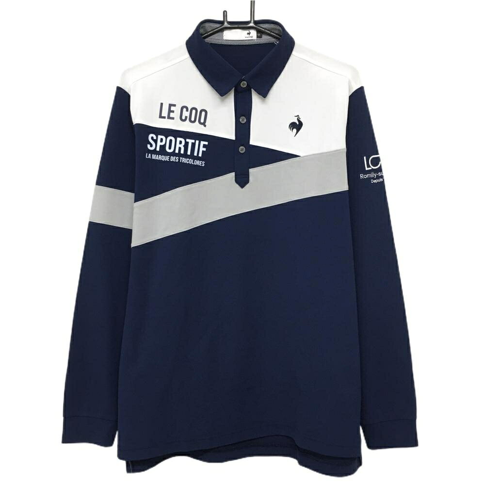 ルコックゴルフ 長袖ポロシャツ ネイビー×白×グレー 胸ロゴ メンズ LL ゴルフウェア le coq sportif
