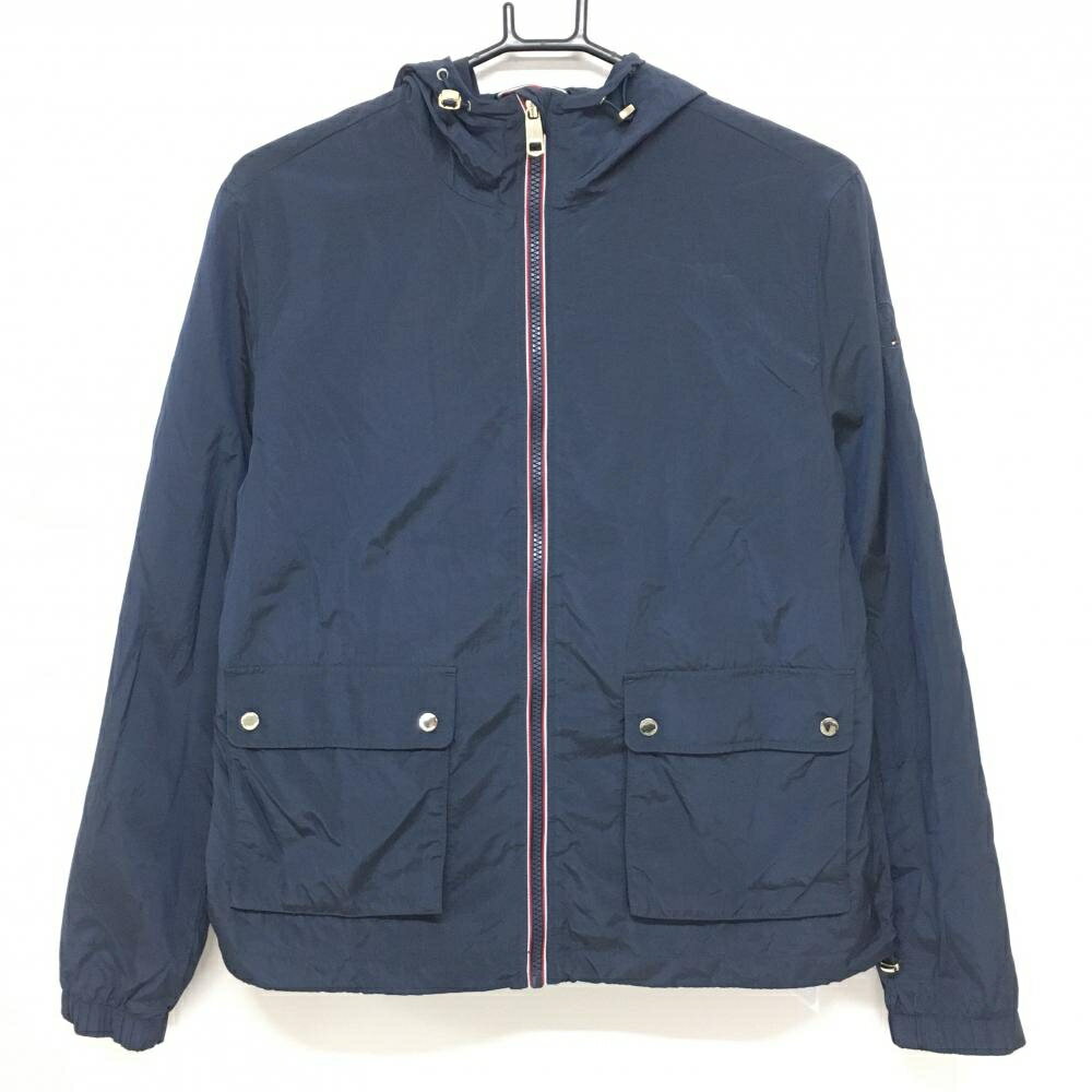 【美品】トミーヒルフィガー ナイロンジップパーカー ネイビー×レッド 裾ドローコード レディース S ゴルフウェア Tommy Hilfiger Golf