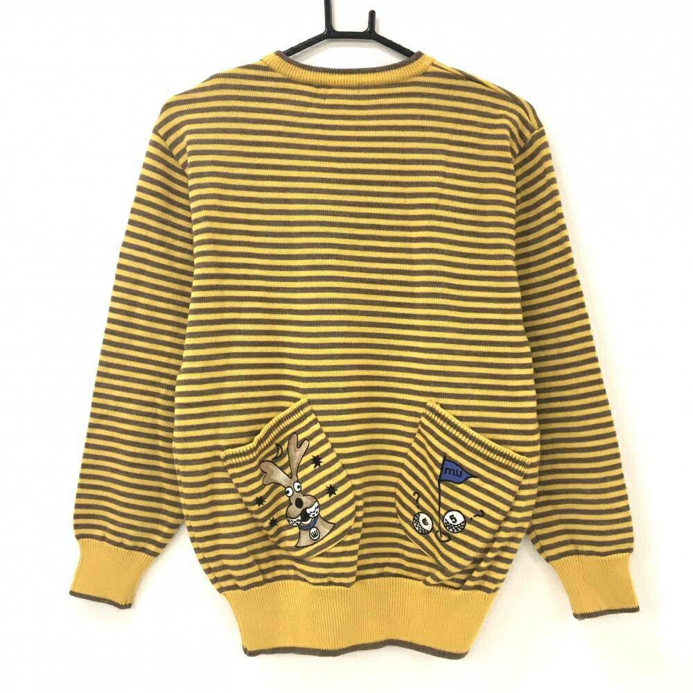 【美品】MUスポーツ セーター イエロー×ブラウン ボーダー 後ろポケット ニット レディース 40(M) ゴルフウェア M・U SPORTS
