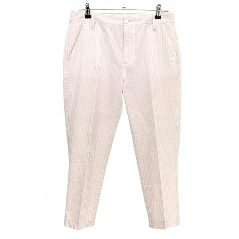 【超美品】フットジョイ 七分丈パンツ 白×ピンク チェック柄 ストレッチ ロゴ刺しゅう レディース XL ゴルフウェア FootJoy
