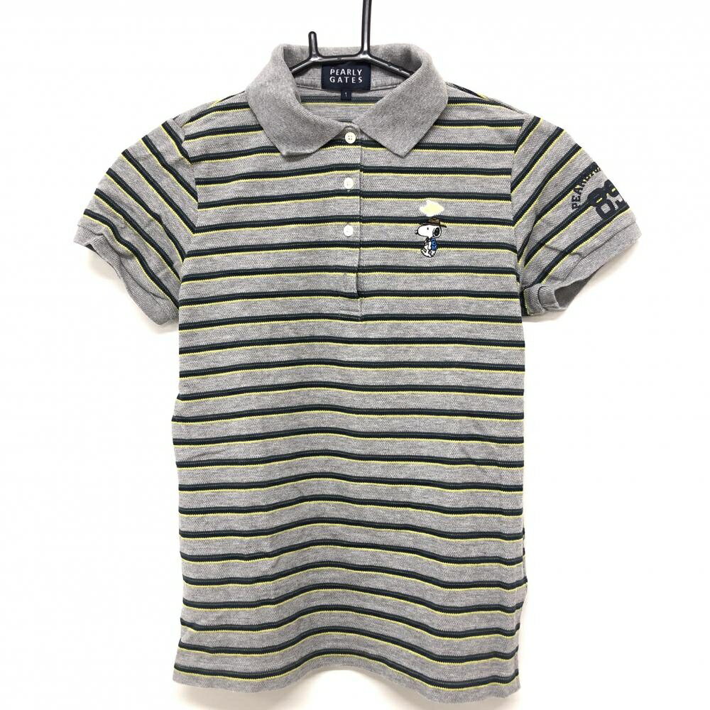 【超美品】パーリーゲイツ×PEANUTS 半袖ポロシャツ グレー×ネイビー ボーダー スヌーピー レディース 1(M) ゴルフウェア PEARLY GATES