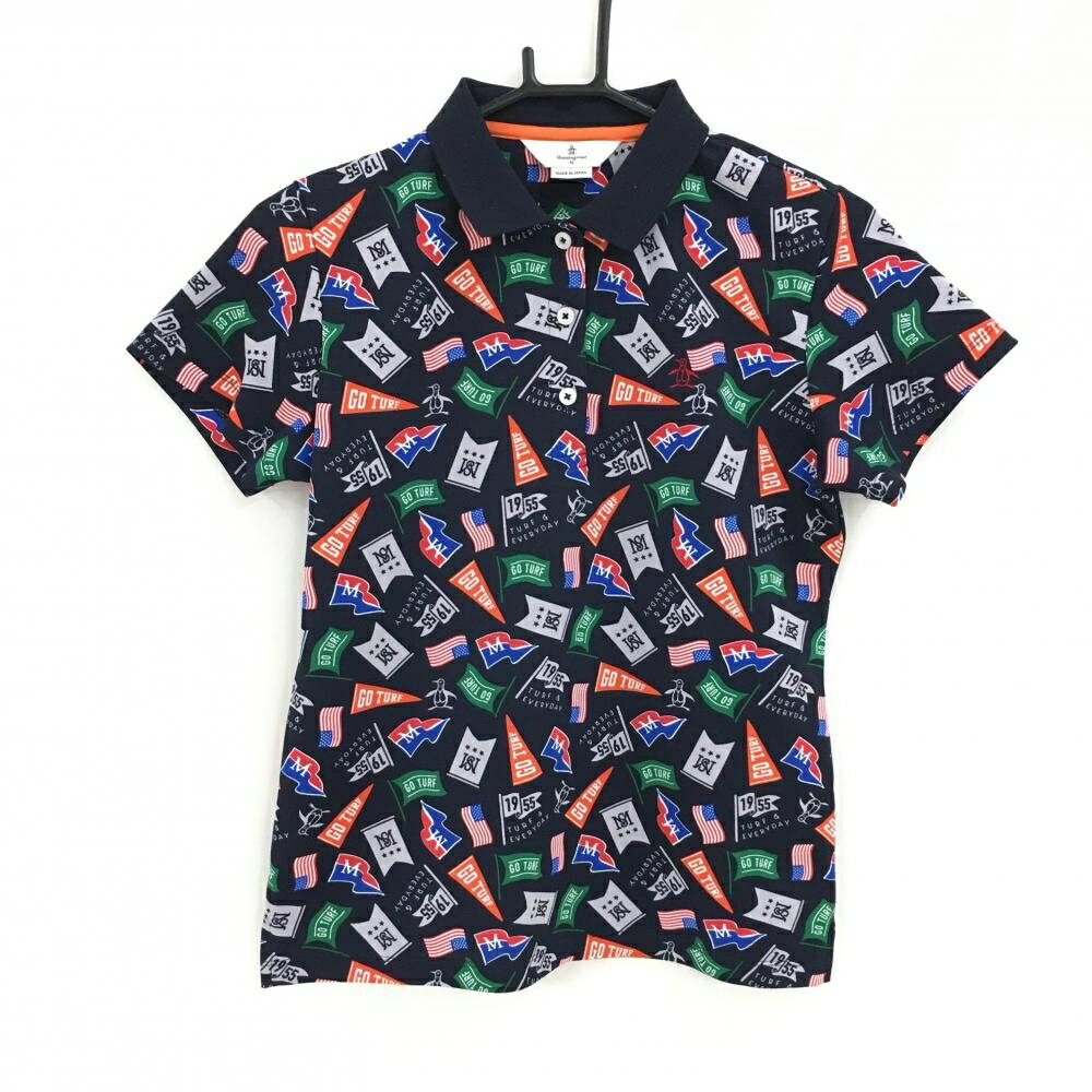 【超美品】マンシングウェア 半袖ポロシャツ ダークネイビー×マルチカラー 総柄 フラッグ レディース M ゴルフウェア Munsingwear